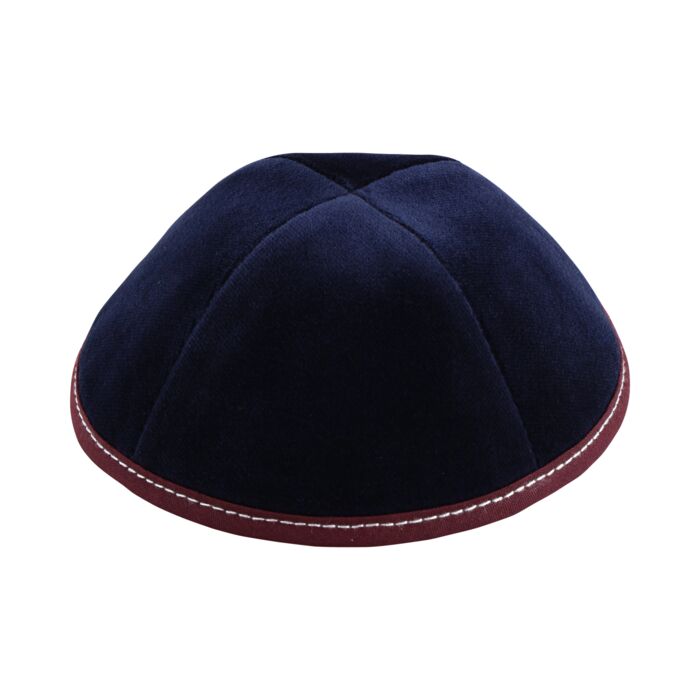 Navy Velvet with Maroon Rim & Grey Stitching Yarmulka Thumbnail