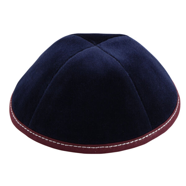 Navy Velvet with Maroon Rim & Grey Stitching Yarmulka Thumbnail