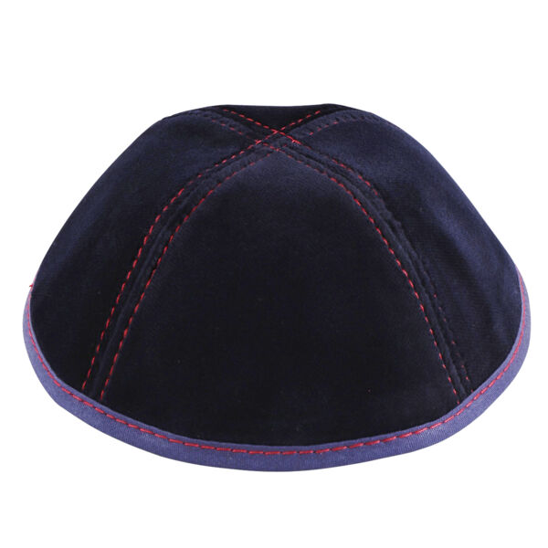 Navy Velvet with 4 Way Red Stiching Yarmulka Thumbnail
