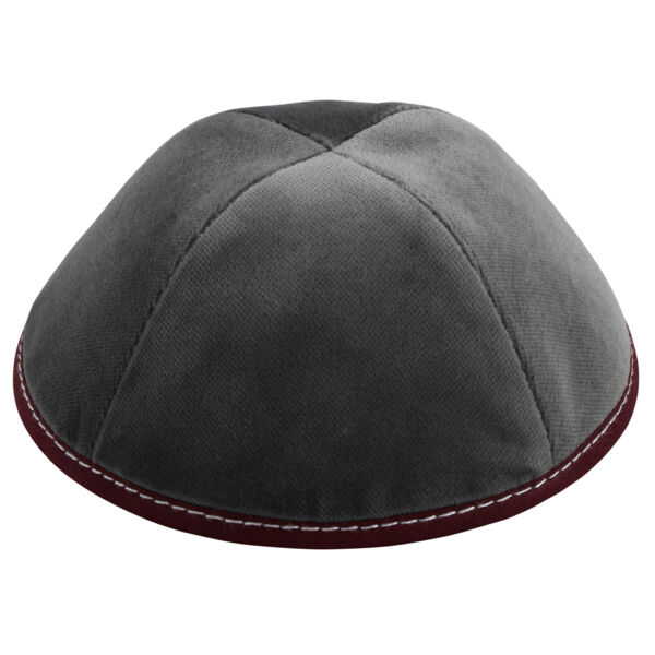 Light Grey Velvet with Maroon Rim & Grey Stitiching Yarmulka Thumbnail