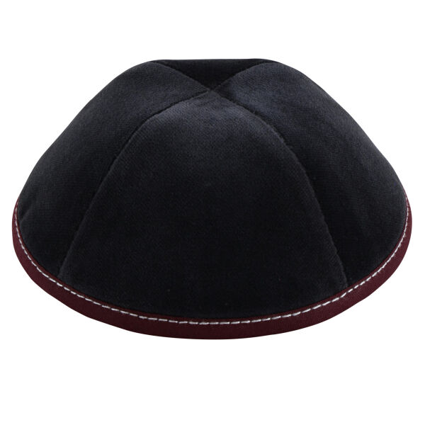 Dark Grey Velour with Maroon Rim & Grey Stitching Yarmulka Thumbnail